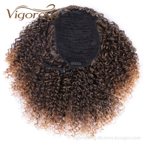 Vigorous Wholesale Cheap Ombre Brown Kinky Curly High Temperature Fiber Fluffy Drawstring Synthetic Ponytail Hair Extension